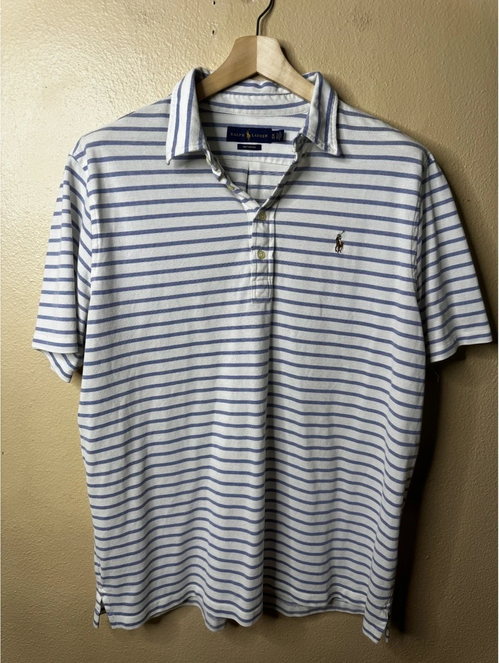Ralph Lauren Polo Shirt Men's XL Blue White Stripped Short Sleeve Preppy
